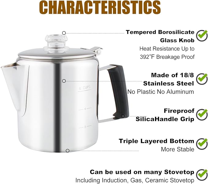 Multi Use 6 Cup Coffee Pot Bundle Coffee Percolator with 2 Mugs Stainless Steel Coffee Maker with Two Heat Resistant Tough Borosilicate Glass Knob Fireproof Silica Handle Using on any Stovetop