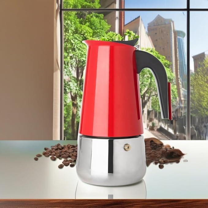 Mixpresso 9 Cup Greca Stovetop Espresso Maker 450ml/15oz, Moka Pot with Coffee Percolator Design, Red Stainless Steel Stove Top Coffee Maker for Camping or Home Use, Italian Coffee Maker Stovetop