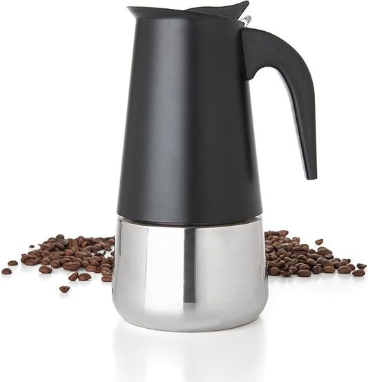 Mixpresso 6 Cup Greca Stovetop Espresso Maker 10oz, Moka Pot with Coffee Percolator Design, Stainless Steel Stove Top Coffee Maker for Camping or Home, Italian Coffee Maker Stovetop, Black Coffee Pot