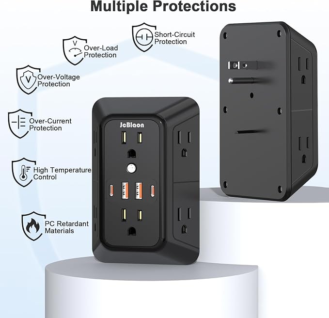 Outlet Extender Surge Protector - 6 Outlet Splitter with 4 USB Ports (2 USB C), Multiple Plug Expander Wall Charger, 3 Sided Multi Plug Wall Adapter Power Strip for Home Office Kitchen Travel Black