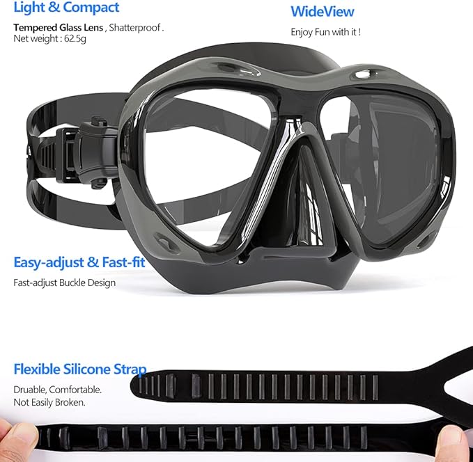 COPOZZ Adult Scuba Mask, Dive Mask Anti Fog Snorkeling Scuba Diving Glasses, Great Seal Free Diving Tempered Glass Mask Goggles