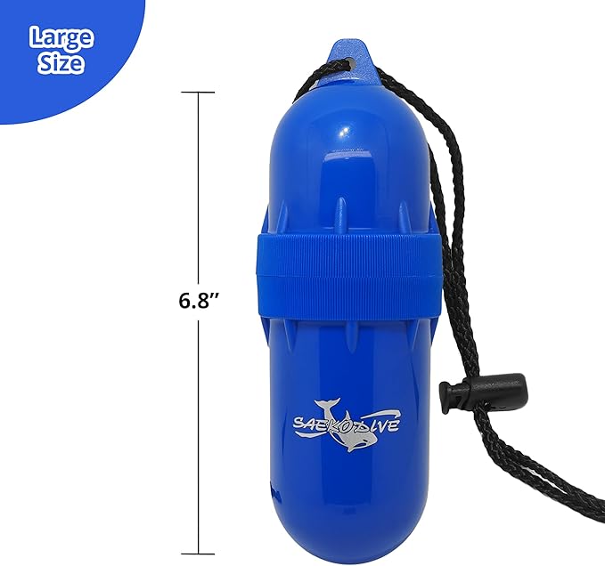 Cylinder Dry Box with Lanyard - Waterproof Container, Watertight Key Pouch Holder - For Snorkeling, Boat, Kayak and Water Activities (Blue, Large)