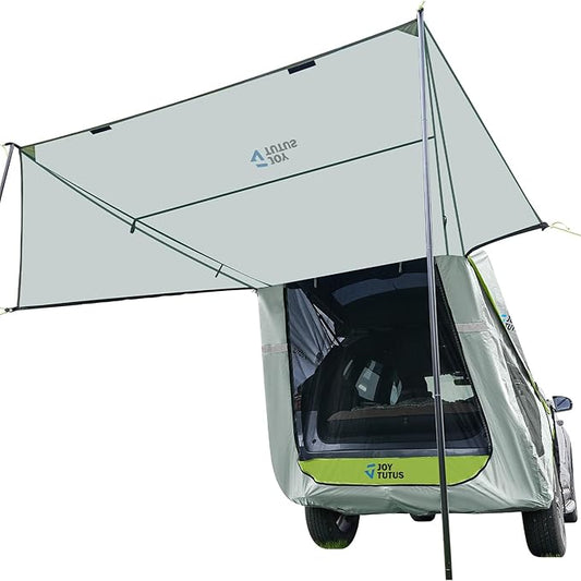 JOYTUTUS SUV Tailgate Tent with Three Sides Awning and Poles, Water Resistant SUV Camping Tent with Car Roof Cover, Outdoor Travel Preferred, Universal Fit Most Car, Grey Green