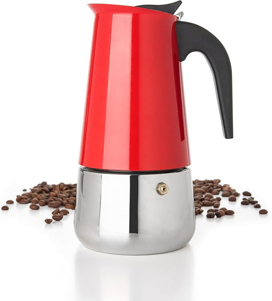 Mixpresso 9 Cup Greca Stovetop Espresso Maker 450ml/15oz, Moka Pot with Coffee Percolator Design, Red Stainless Steel Stove Top Coffee Maker for Camping or Home Use, Italian Coffee Maker Stovetop