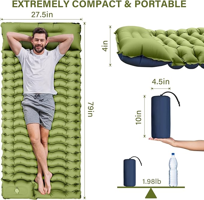 Yuzonc Camping Sleeping Pad, Ultralight Camping Mat with Pillow Built-in Foot Pump Inflatable Sleeping Pads Compact for Camping Backpacking Hiking Traveling Tent