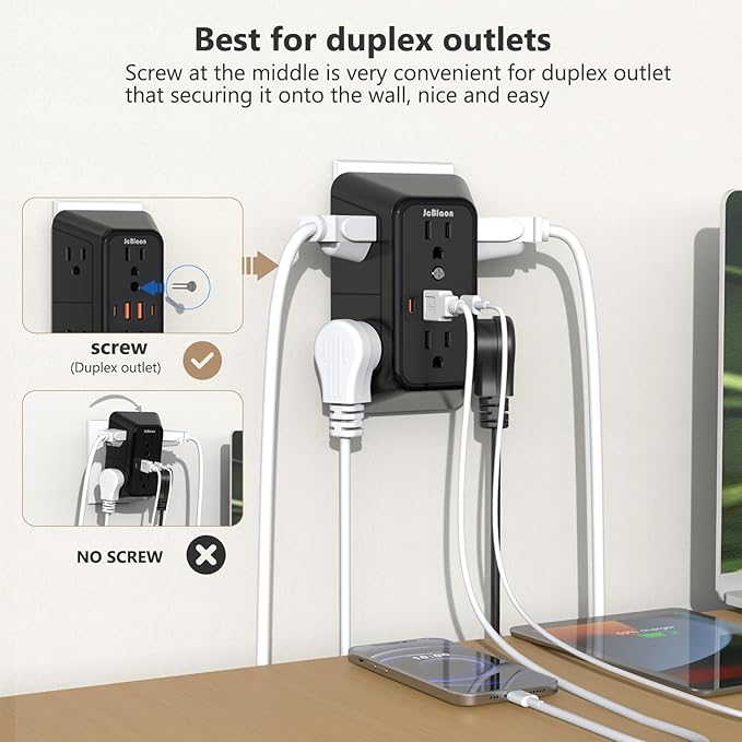 Outlet Extender Surge Protector - 6 Outlet Splitter with 4 USB Ports (2 USB C), Multiple Plug Expander Wall Charger, 3 Sided Multi Plug Wall Adapter Power Strip for Home Office Kitchen Travel Black