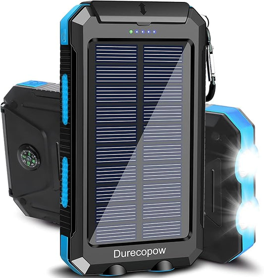 Solar Charger Power Bank, 20000mAh Portable Outdoor Waterproof Solar Battery Charger, Camping External Backup Battery Pack USB C Ports Input/Output, 2 Led Light Flashlight with Compass (Blue)