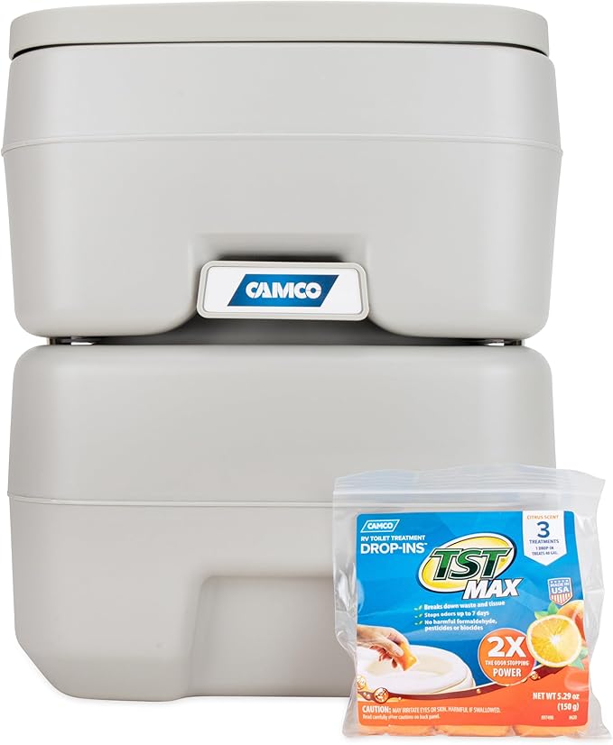 Camco 5.3-Gallon Portable Toilet - Features Detachable Holding Tank w/Sealing Slide Valve & Bellow-Type Flush - Easy Transport w/Compact Lightweight Design & Carry Handle - Gray (41541)