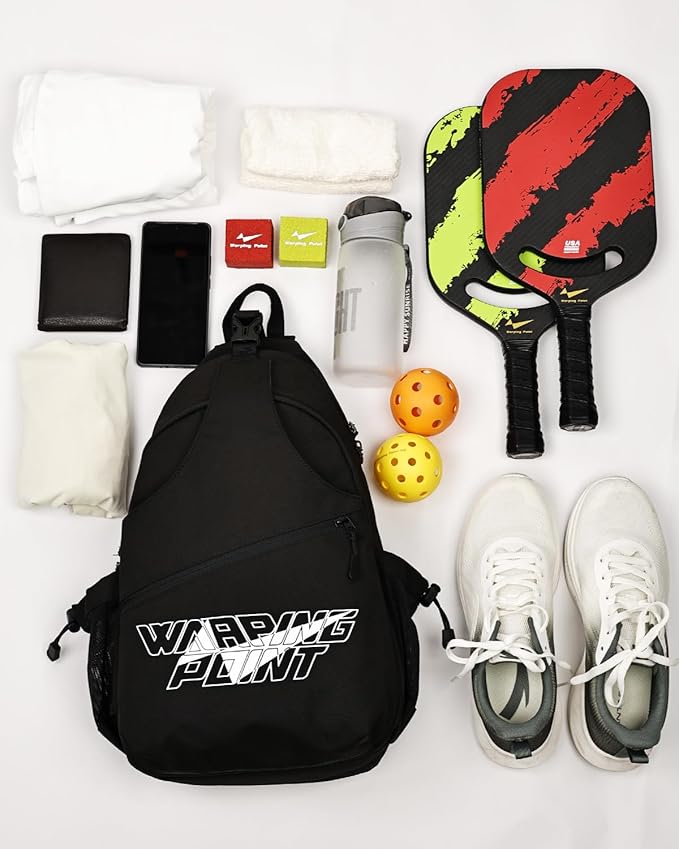 Warping Point Pickleball Bag, Adjustable Large Capacity Pickleball Crossbody Backpack for Women Men, Sling Padel Bag Hold 2 to 4 Paddles with Multiple Compartments, Wet & Safety Pocket Fence Hook
