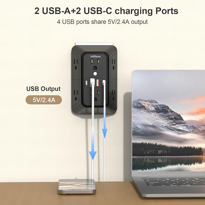 Outlet Extender Surge Protector - 6 Outlet Splitter with 4 USB Ports (2 USB C), Multiple Plug Expander Wall Charger, 3 Sided Multi Plug Wall Adapter Power Strip for Home Office Kitchen Travel Black