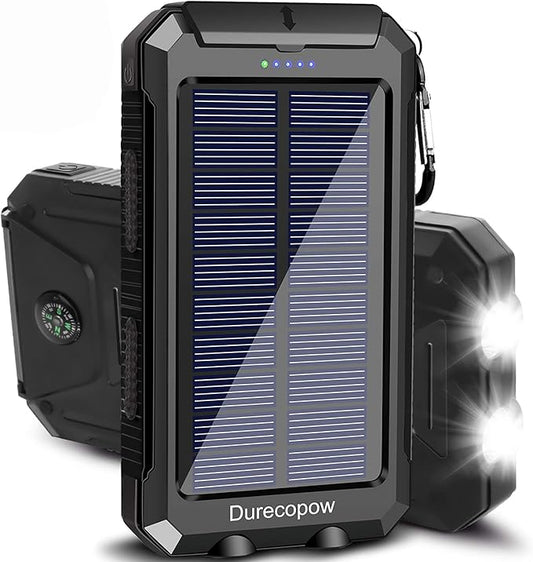 Solar Charger Power Bank, 20000mAh Portable Outdoor Waterproof Solar Battery Charger, Camping External Backup Battery Pack USB C Ports Input/Output, 2 Led Light Flashlight with Compass (Black)