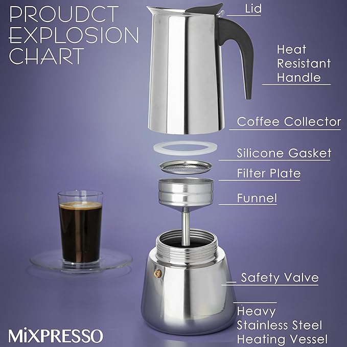 Mixpresso 12 Cup Greca Stovetop Espresso Maker 600ml/20oz, Moka Pot with Coffee Percolator Design, Stainless Steel Stove Top Coffee Maker for Camping or Home Use, Italian Coffee Maker Stovetop