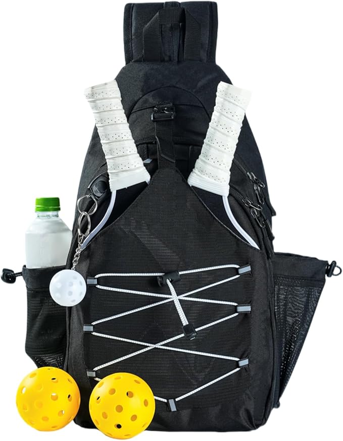 Pickleball Bag with Integrated Hook,18" x 10" Waterproof Pickleball Bags for Women for Men, Backpack & Crossbody Includes Pickleball Storage Bag and Keychain (Black)