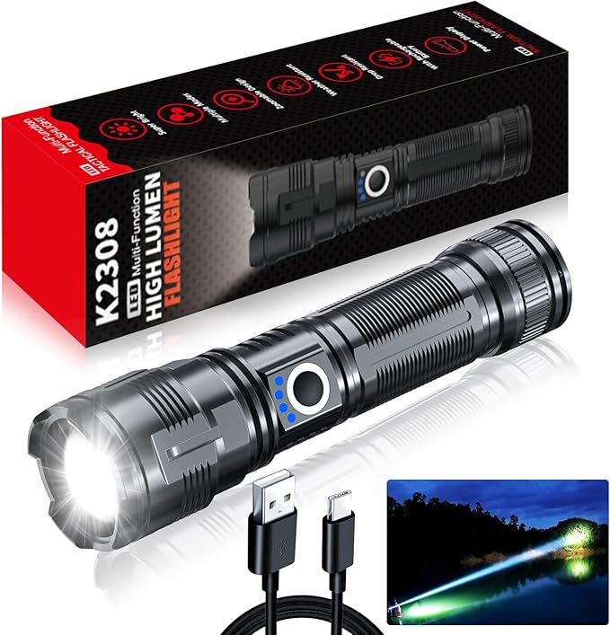 Flashlights High Lumens Rechargeable USB C Flash Light, Super Bright LED Flashlight with 10,000 Lumens, Long Beam 3280Ft, IPX5 Waterproof Tactical Flashlight Powerful for Emergency, Camping
