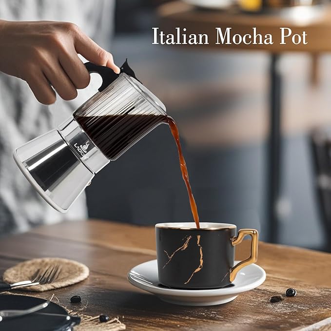 Stovetop Espresso Maker, 6Cup 240ml Moka Pot, Crystal Glass-top & Stainless Steel Coffee Maker Mocha Pot, Greca De Cafe, Cuban and Italian Coffee Maker for Cafetera Cubana