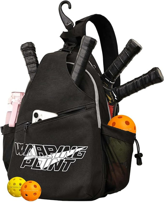 Warping Point Pickleball Bag, Adjustable Large Capacity Pickleball Crossbody Backpack for Women Men, Sling Padel Bag Hold 2 to 4 Paddles with Multiple Compartments, Wet & Safety Pocket Fence Hook