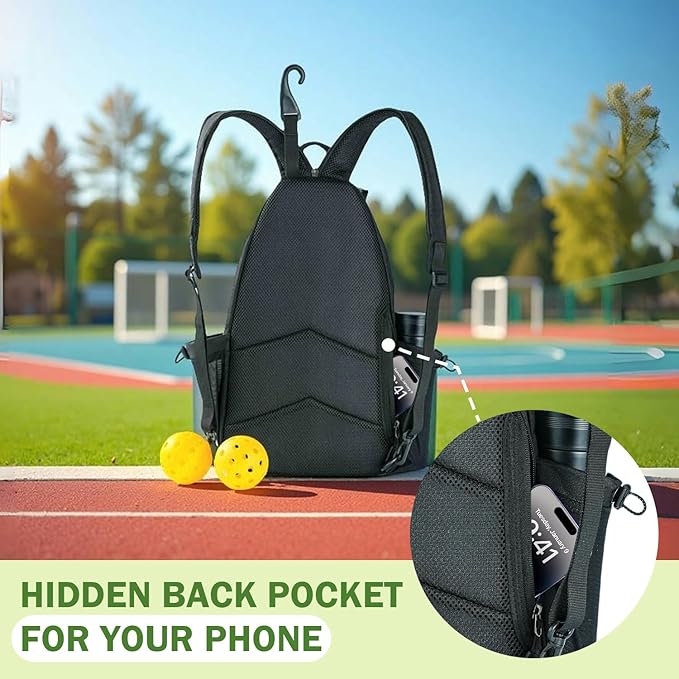 Pickleball Bag with Integrated Hook,18" x 10" Waterproof Pickleball Bags for Women for Men, Backpack & Crossbody Includes Pickleball Storage Bag and Keychain (Black)
