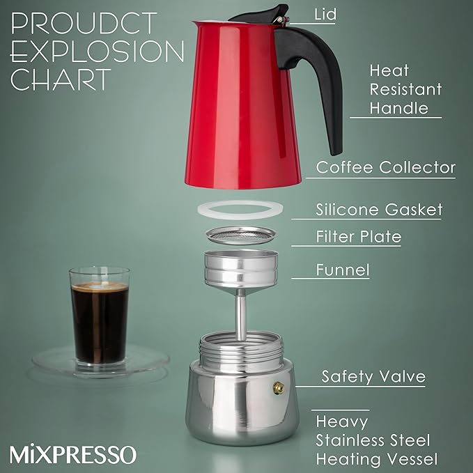 Mixpresso 9 Cup Greca Stovetop Espresso Maker 450ml/15oz, Moka Pot with Coffee Percolator Design, Red Stainless Steel Stove Top Coffee Maker for Camping or Home Use, Italian Coffee Maker Stovetop