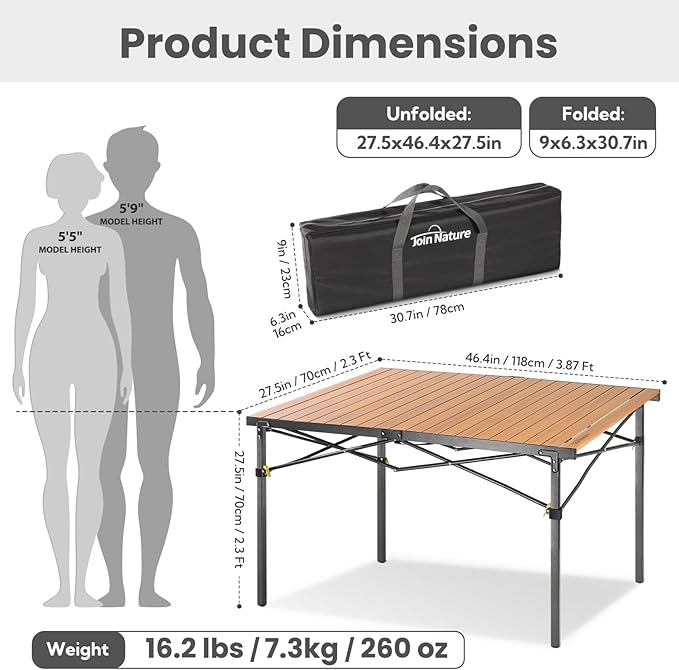 Portable Outdoor Camping Table Large for 2-6 Person - Foldable Camp Table with Aluminum Roll-Up Top & Carry Bag for BBQ, Tailgating, Backyard, 220 Lbs Capacity, Stable & Sturdy (Natural)
