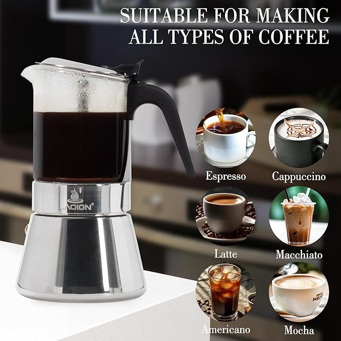 Stovetop Espresso Maker, 9Cup 360ml Moka Pot, Crystal Glass-top & Stainless Steel Coffee Maker Mocha Pot, Greca De Cafe, Cuban and Italian Coffee Maker for Cafetera Cubana