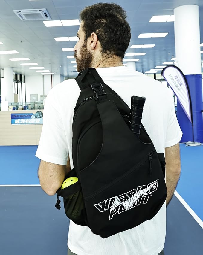 Warping Point Pickleball Bag, Adjustable Large Capacity Pickleball Crossbody Backpack for Women Men, Sling Padel Bag Hold 2 to 4 Paddles with Multiple Compartments, Wet & Safety Pocket Fence Hook