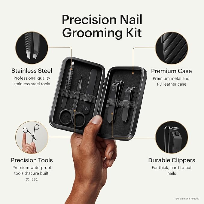 MANSCAPED® Shears 3.0, 5-Piece Precision Men’s Nail Grooming Travel Kit, Stainless Steel Manicure Set with Fingernail & Toenail Clippers, Nail File, Slant Tip Tweezers, Cuticle Scissors, Travel Case