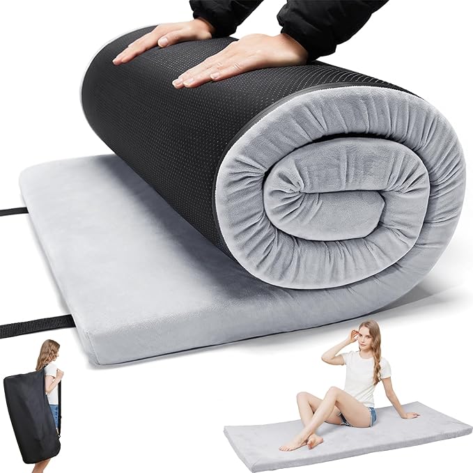 Memory Foam Camping Mattress - Portable Roll Up Sleeping Pad for Car, Tent, Cot & Floor - Waterproof, Comfortable & Compact with Travel Bag