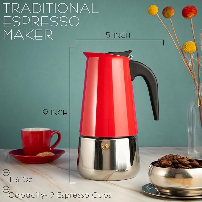Mixpresso 9 Cup Greca Stovetop Espresso Maker 450ml/15oz, Moka Pot with Coffee Percolator Design, Red Stainless Steel Stove Top Coffee Maker for Camping or Home Use, Italian Coffee Maker Stovetop