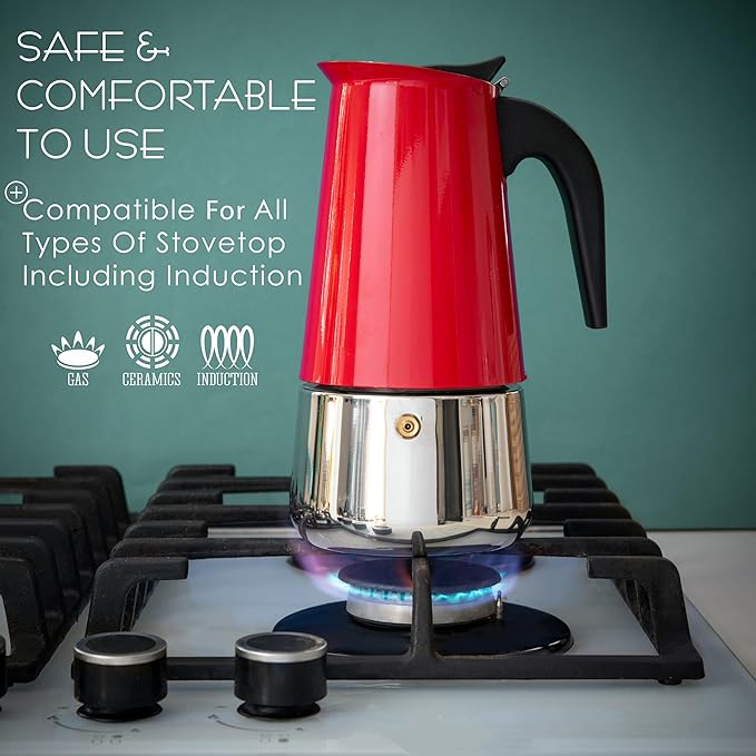 Mixpresso 9 Cup Greca Stovetop Espresso Maker 450ml/15oz, Moka Pot with Coffee Percolator Design, Red Stainless Steel Stove Top Coffee Maker for Camping or Home Use, Italian Coffee Maker Stovetop