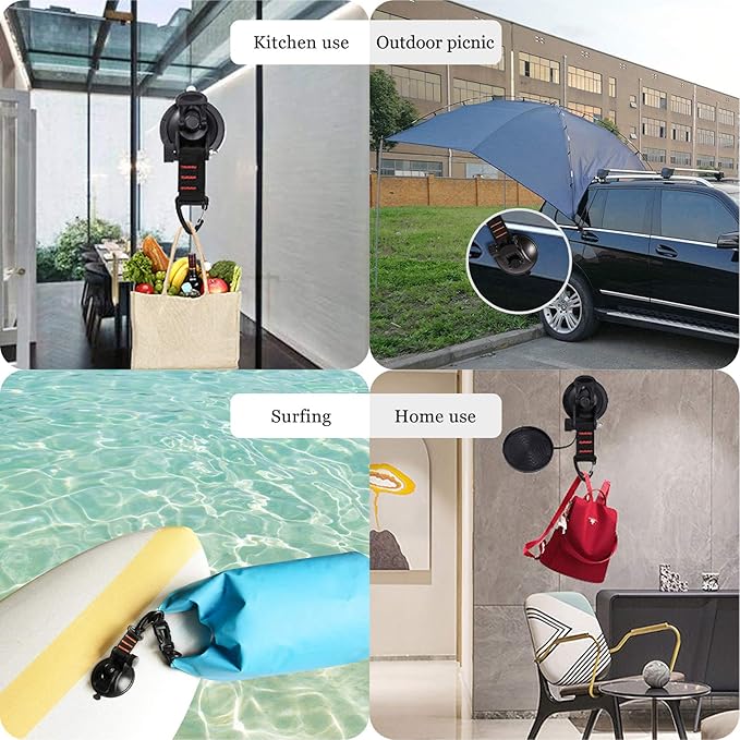CONBOLA Suction Cups Hooks Heavy Duty Camper Accessories Car Camping Essentials Tie Down 2 Pieces Suction Cup with Securing Hook Strong Power for Car Awning Boat SUV Tent Window Glass.(2 pcs)