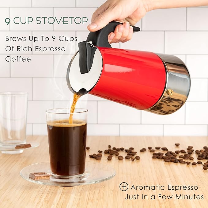Mixpresso 9 Cup Greca Stovetop Espresso Maker 450ml/15oz, Moka Pot with Coffee Percolator Design, Red Stainless Steel Stove Top Coffee Maker for Camping or Home Use, Italian Coffee Maker Stovetop