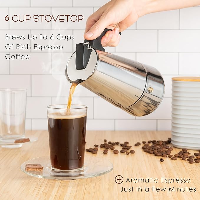 Mixpresso 6 Cup Greca Stovetop Espresso Maker, Moka Coffee Pot with Percolator Design, Stainless Steel Italian Coffee Maker, 300ml/10oz