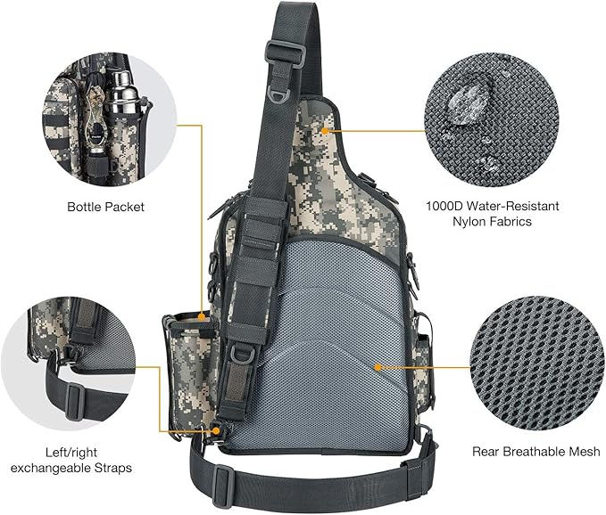 Piscifun Tackle Bag With Rod & Gear Holder - Lightweight Sling Storage Bag, Outdoor Shoulder Pack for Fishing, Hiking, Hunting