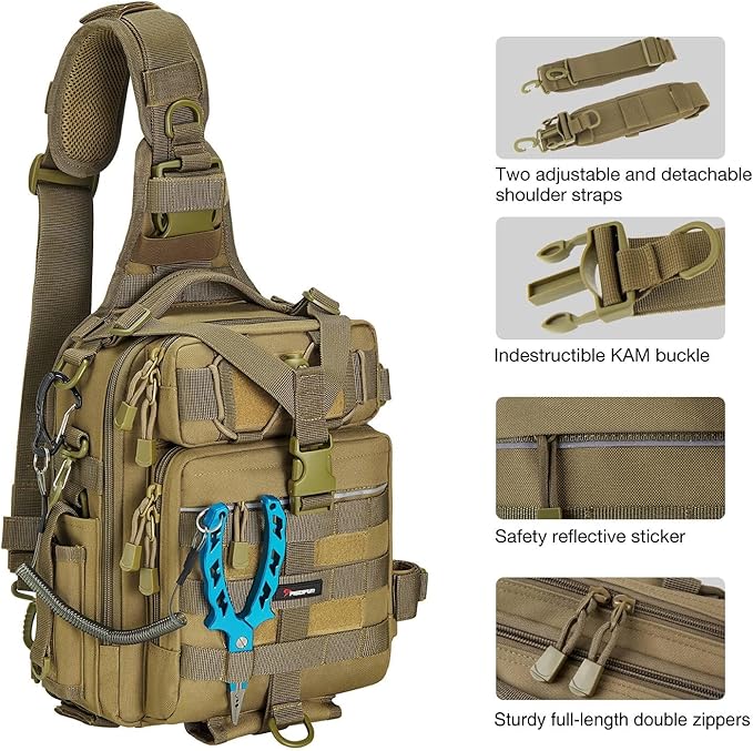 Piscifun Tackle Bag With Rod & Gear Holder - Lightweight Sling Storage Bag, Outdoor Shoulder Pack for Fishing, Hiking, Hunting