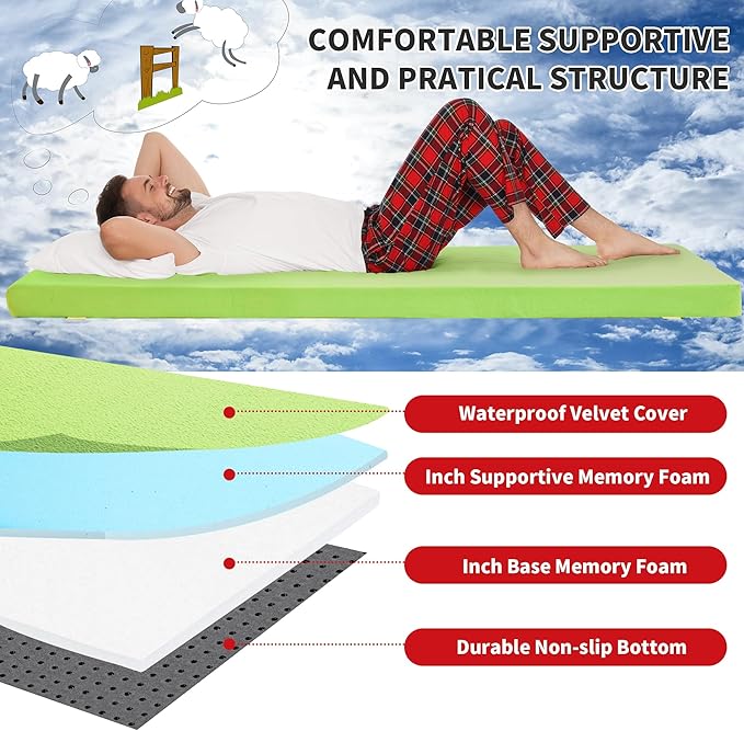 HOMBYS 3 INCH Thick Waterproof Memory Foam Camping Mattress for Outdoor Sleeping, Portable Roll Up Mattress Pad Mat for Travel Truck Bed Tent