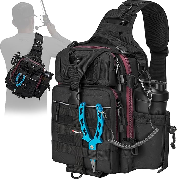 Piscifun Tackle Bag With Rod & Gear Holder - Lightweight Sling Storage Bag, Outdoor Shoulder Pack for Fishing, Hiking, Hunting