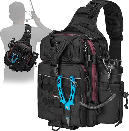 Piscifun Tackle Bag With Rod & Gear Holder - Lightweight Sling Storage Bag, Outdoor Shoulder Pack for Fishing, Hiking, Hunting