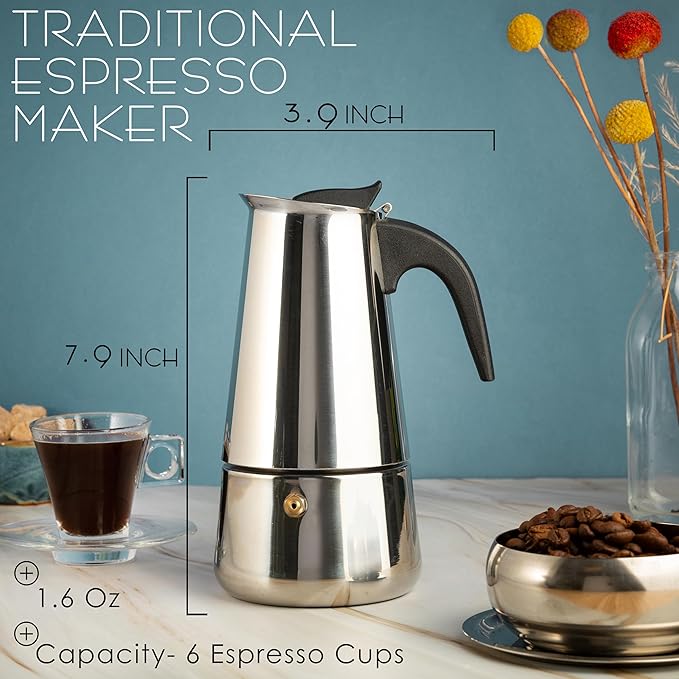 Mixpresso 6 Cup Greca Stovetop Espresso Maker, Moka Coffee Pot with Percolator Design, Stainless Steel Italian Coffee Maker, 300ml/10oz