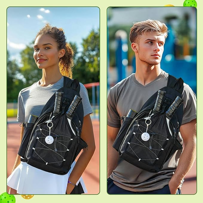 Pickleball Bag with Integrated Hook,18" x 10" Waterproof Pickleball Bags for Women for Men, Backpack & Crossbody Includes Pickleball Storage Bag and Keychain (Black)