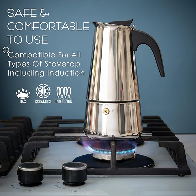 Mixpresso 6 Cup Greca Stovetop Espresso Maker, Moka Coffee Pot with Percolator Design, Stainless Steel Italian Coffee Maker, 300ml/10oz