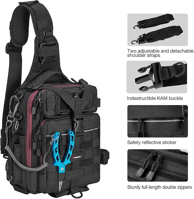 Piscifun Tackle Bag With Rod & Gear Holder - Lightweight Sling Storage Bag, Outdoor Shoulder Pack for Fishing, Hiking, Hunting