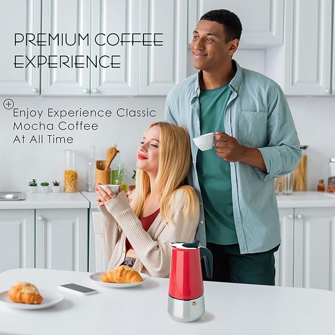 Mixpresso 9 Cup Greca Stovetop Espresso Maker 450ml/15oz, Moka Pot with Coffee Percolator Design, Red Stainless Steel Stove Top Coffee Maker for Camping or Home Use, Italian Coffee Maker Stovetop