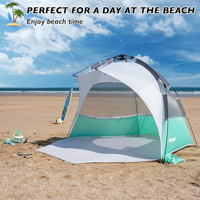2-3 Person Large Instant Pop Up Beach Tent, UV Protection Portable Easy Setup Sun Shade Shelter, Extended Floor with 3 Ventilating Mesh Windows for Outdoor Camping Fishing (Green)