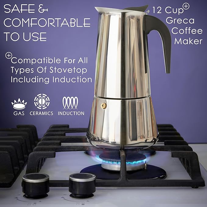 Mixpresso 12 Cup Greca Stovetop Espresso Maker 600ml/20oz, Moka Pot with Coffee Percolator Design, Stainless Steel Stove Top Coffee Maker for Camping or Home Use, Italian Coffee Maker Stovetop