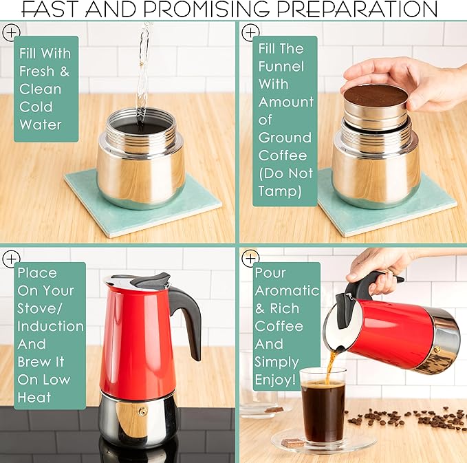 Mixpresso 9 Cup Greca Stovetop Espresso Maker 450ml/15oz, Moka Pot with Coffee Percolator Design, Red Stainless Steel Stove Top Coffee Maker for Camping or Home Use, Italian Coffee Maker Stovetop