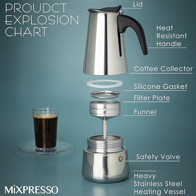 Mixpresso 6 Cup Greca Stovetop Espresso Maker, Moka Coffee Pot with Percolator Design, Stainless Steel Italian Coffee Maker, 300ml/10oz