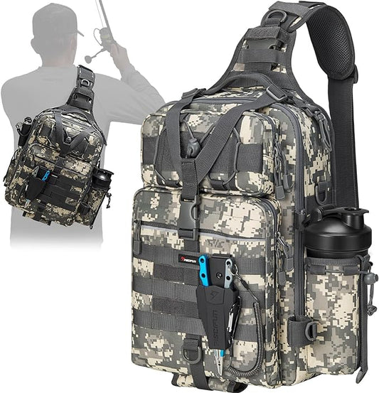 Piscifun Tackle Bag With Rod & Gear Holder - Lightweight Sling Storage Bag, Outdoor Shoulder Pack for Fishing, Hiking, Hunting