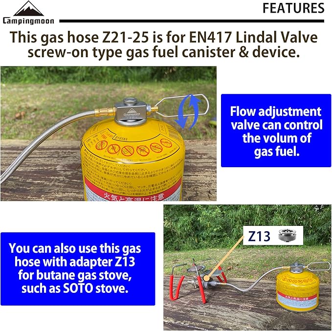 camping moon CAMPINGMOON 9.8-inch Multi-Function Gas Hose for EN417 Lindal Valve Screw-on Type Canister and Device Z21-25