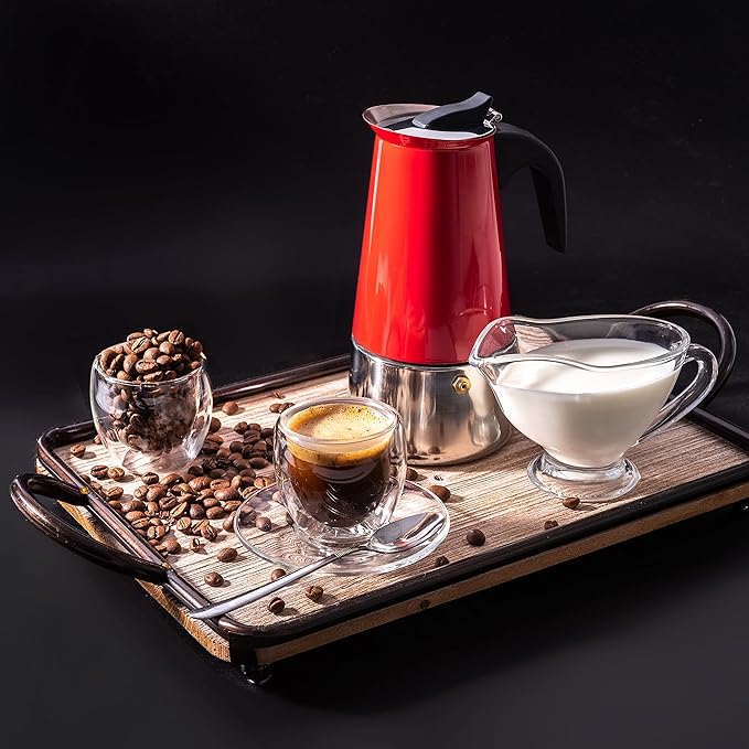 Mixpresso 9 Cup Greca Stovetop Espresso Maker 450ml/15oz, Moka Pot with Coffee Percolator Design, Red Stainless Steel Stove Top Coffee Maker for Camping or Home Use, Italian Coffee Maker Stovetop